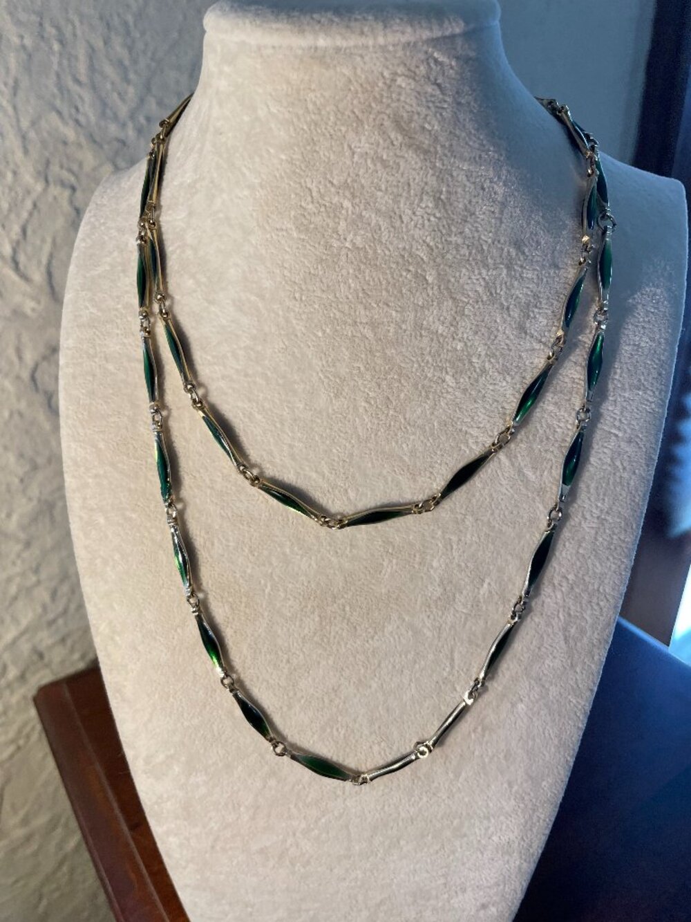 Vintage Green Enamel Long Necklace 35" Layering Necklace Gold Tone